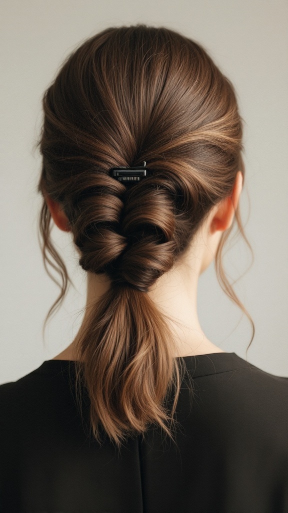 A sophisticated claw clip hairstyle for short hair, featuring a twisted design and soft waves.