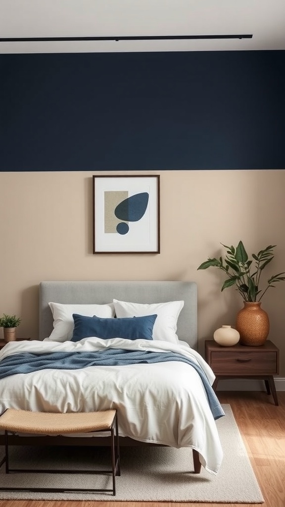 A stylish bedroom featuring a navy and beige color palette, with a cozy bed and decorative elements.