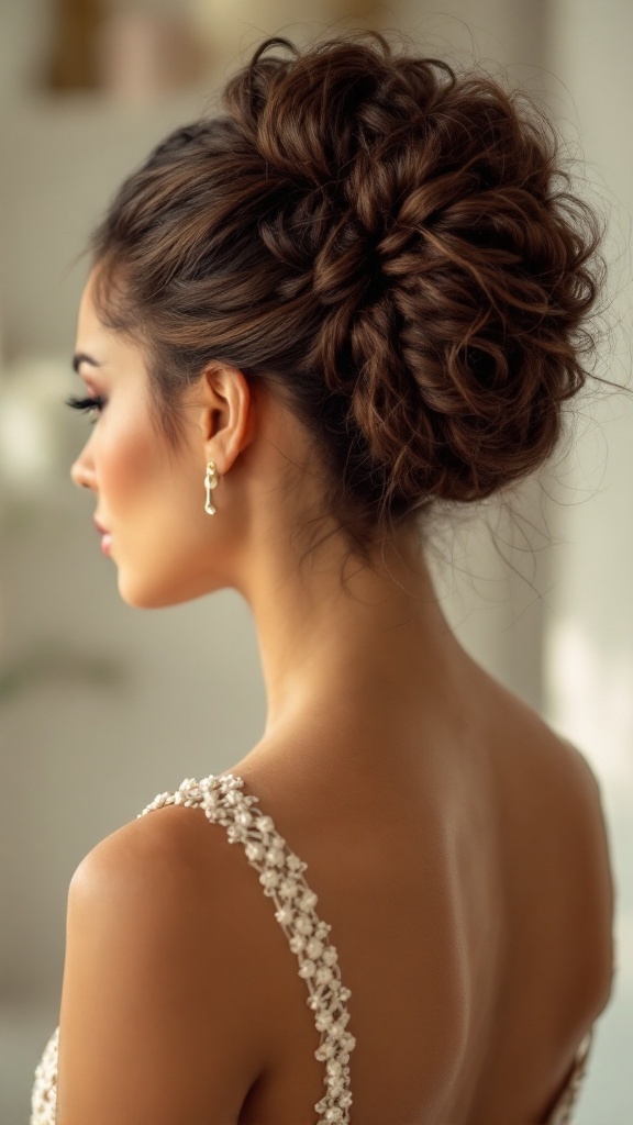 A woman with a sophisticated crochet chignon hairstyle, featuring intricate curls and elegant styling.