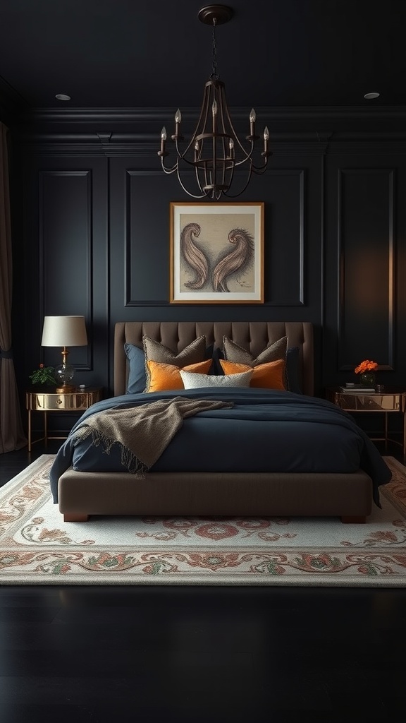 A sophisticated bedroom with dark walls, navy bedding, orange pillows, and an elegant chandelier.
