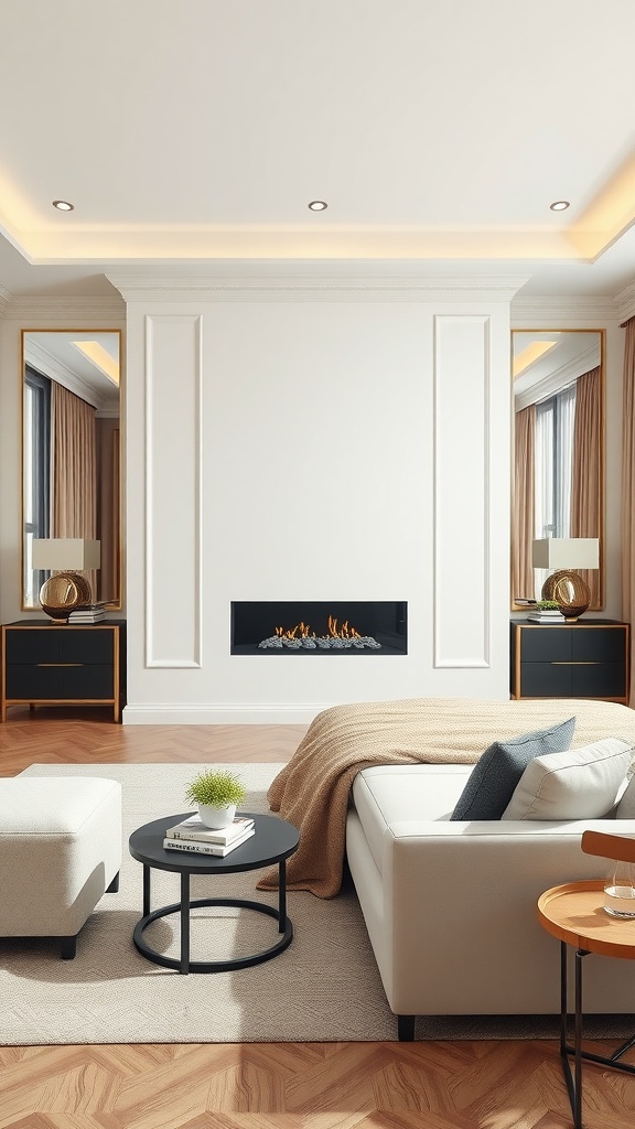 A modern bedroom featuring a faux fireplace with a sleek design, surrounded by mirrors and decorated with soft furnishings.