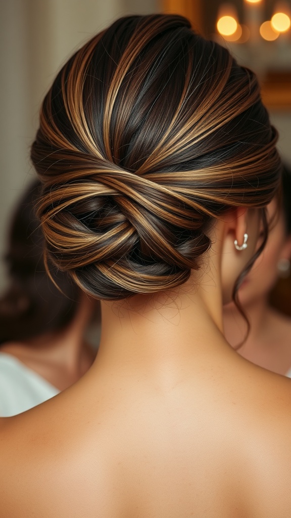 A close-up of a sophisticated French twist hairstyle featuring dark and light-toned hair.