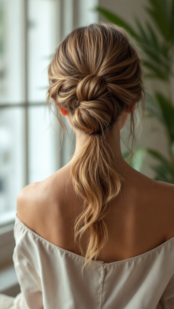 A close-up view of a sophisticated French twist hairstyle on medium length hair, styled elegantly with loose strands framing the neck.