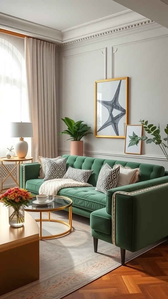 A stylish living room featuring a green sofa with gold accents, decorative pillows, a glass coffee table, and plants.