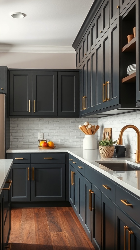 Sophisticated kitchen featuring grey cabinets, gold hardware, and a light countertop.