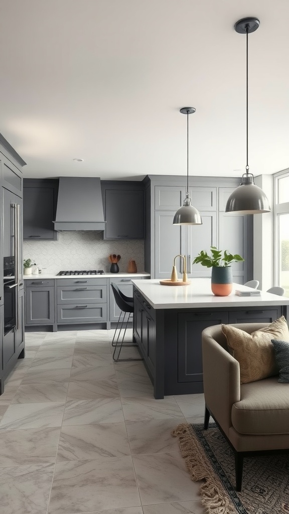 A sophisticated grey kitchen featuring a central island with a white countertop, hanging pendant lights, and stylish decor.
