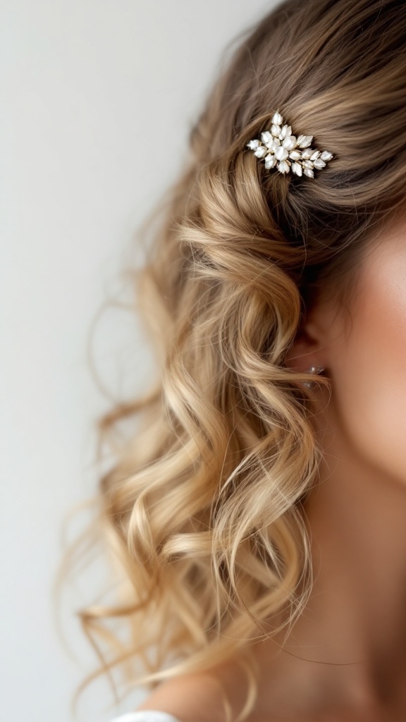 A close-up of a half-up half-down hairstyle featuring soft curls and a jeweled hair accessory.