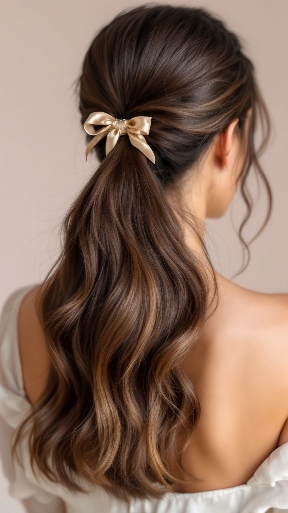 A sophisticated half-up ponytail hairstyle with silky hair and a ribbon