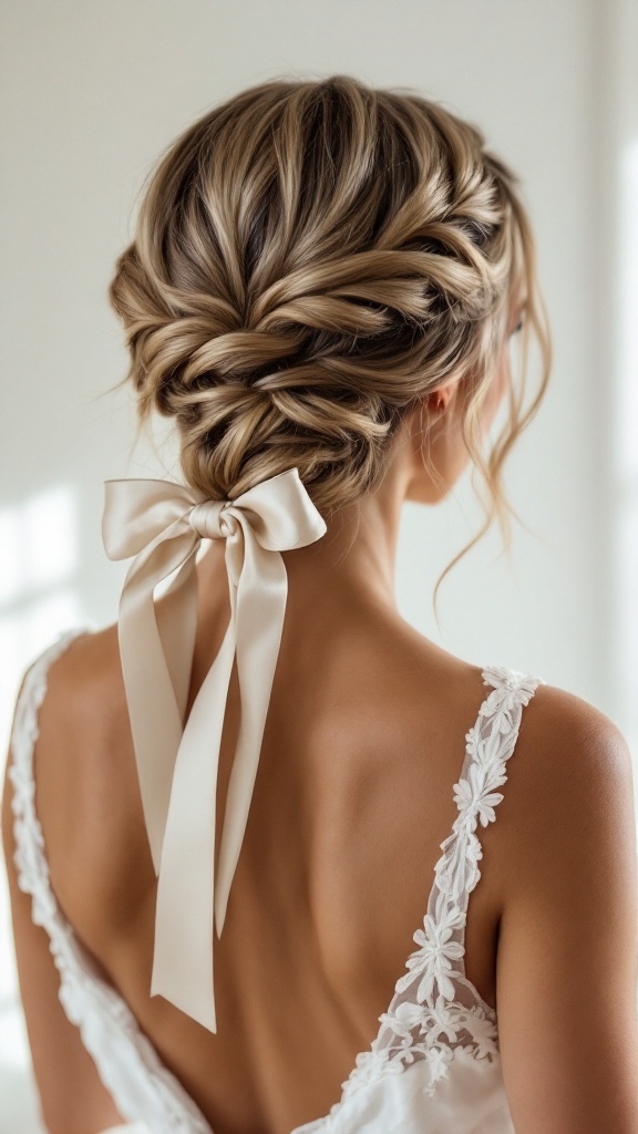 Half up braid hairstyle with satin ribbon accent