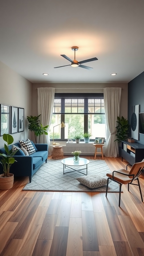 Cozy living room with navy blue sofa, plants, and workspace integration