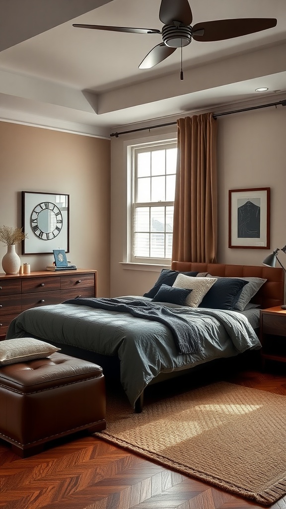 A sophisticated teen bedroom featuring a leather and wood combo with a cozy bed, leather ottoman, and warm color scheme.