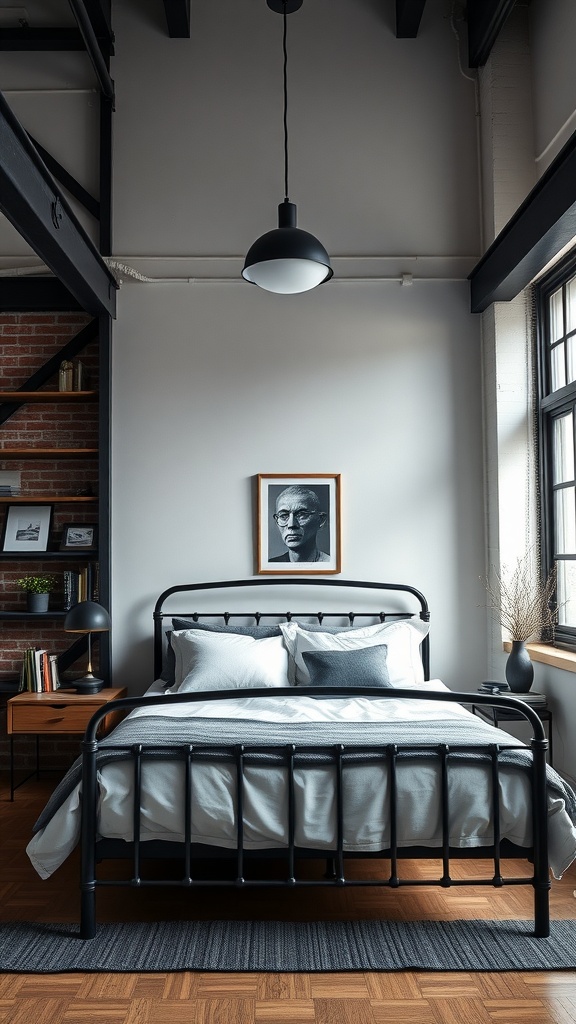 A sophisticated loft bedroom featuring a black metal bed frame, large windows, and stylish decor.
