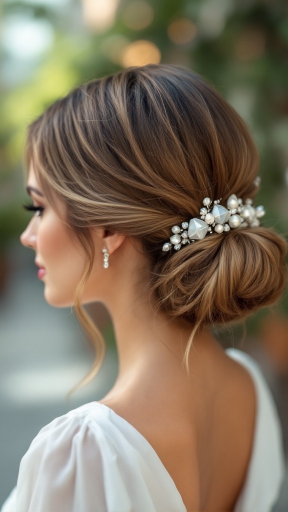 A woman with a low bun hairstyle adorned with a geometric hairpiece, showcasing elegance and sophistication.
