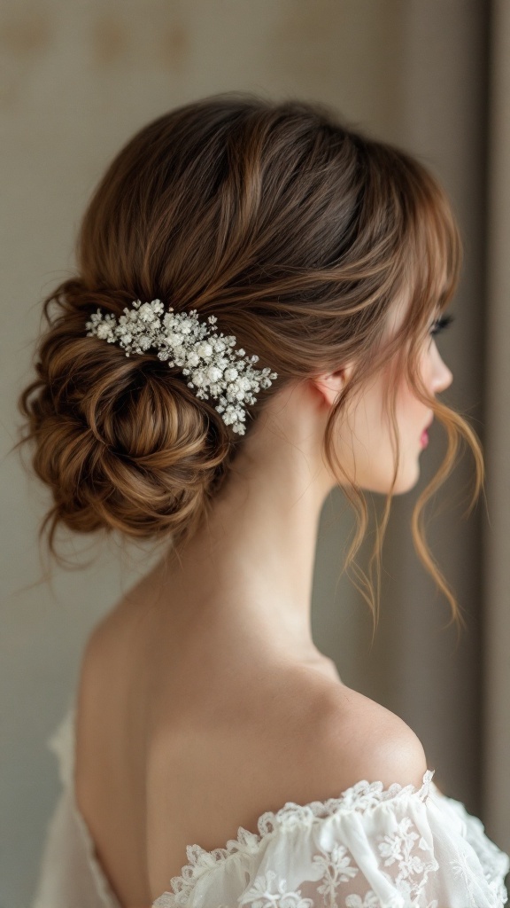A close-up of a sophisticated low bun hairstyle adorned with delicate flowers.