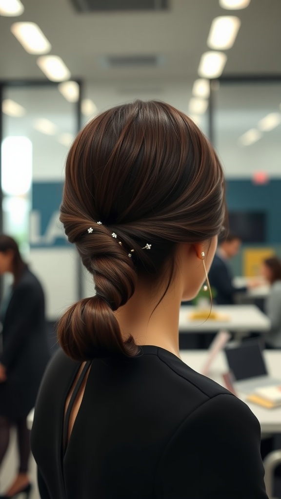 A sophisticated low ponytail hairstyle with accessories, showing the back view of a woman in a business environment.