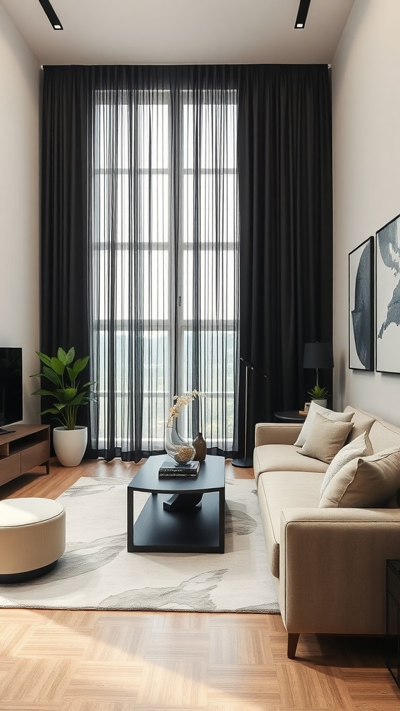 A modern living room featuring floor-to-ceiling black curtains, a beige sofa, and a stylish coffee table.