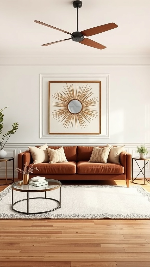 A cozy living room featuring a brown sofa, light rug, and stylish decor.