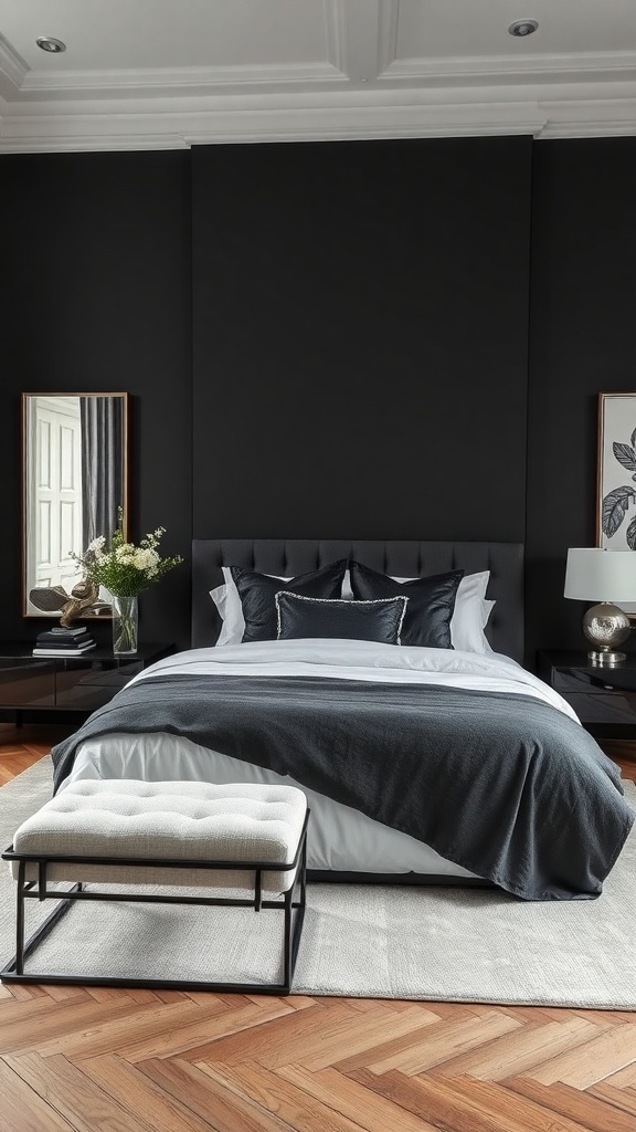 A sophisticated monochrome bedroom featuring a black wall, layered gray and white bedding, and stylish decor.