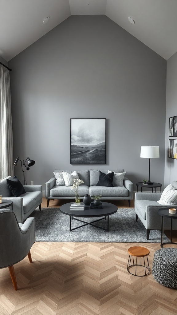 A sophisticated grey living room featuring a monochrome palette with stylish furniture and decor.