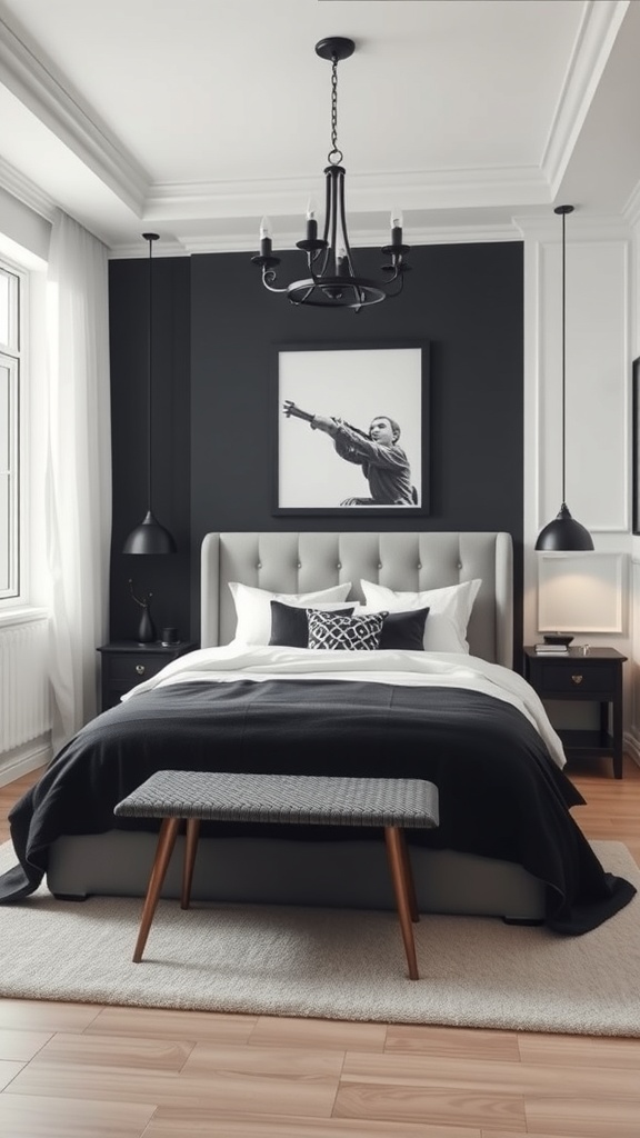 A stylish monochrome teen bedroom featuring a black and white color scheme, elegant lighting, and modern decor.