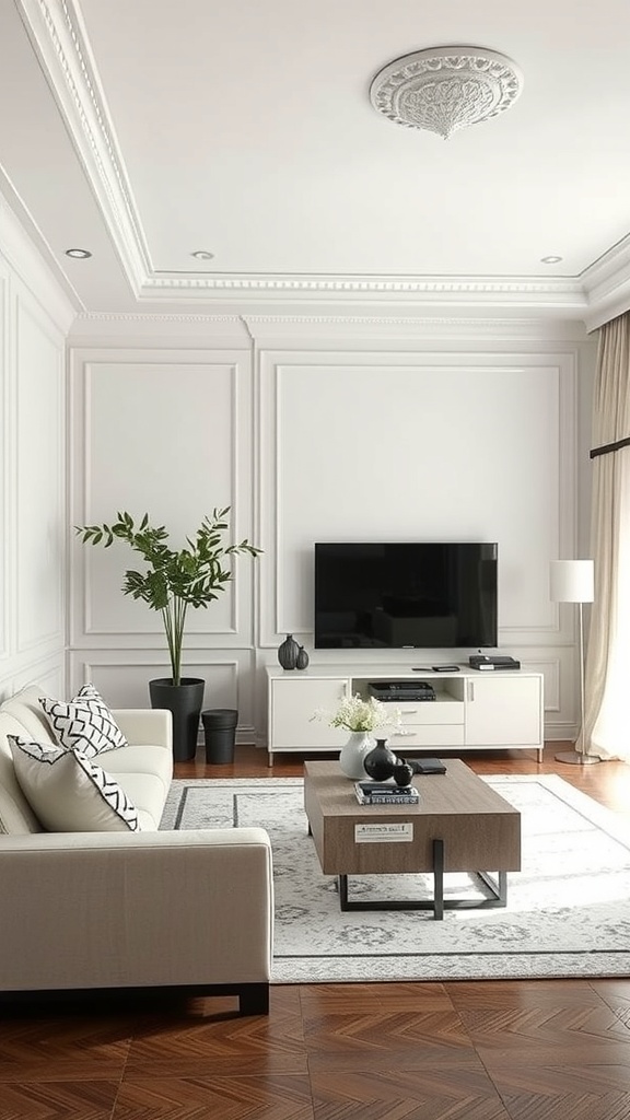 Sophisticated black and white living room with elegant wall treatments and modern furniture.