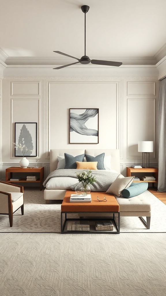 A sophisticated living room featuring a neutral palette with beige walls, gray and blue cushions, wooden furniture, and abstract artwork.
