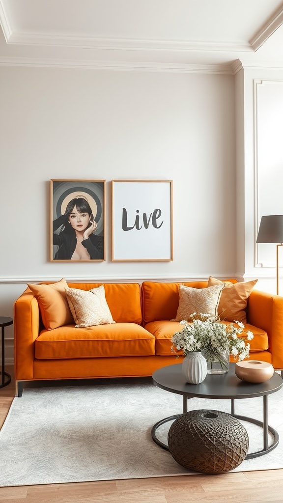 A stylish living room featuring an orange sofa, neutral walls, and decorative art.