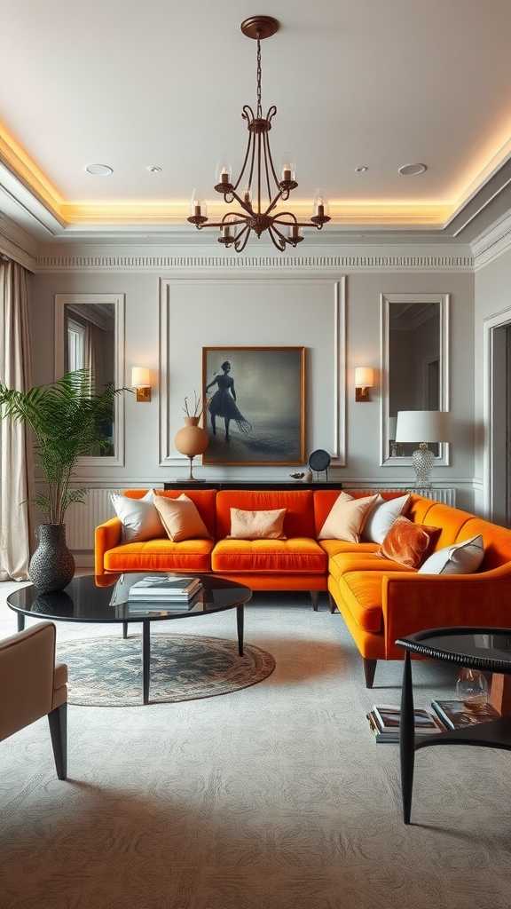 A stylish living room featuring an orange sofa with neutral decor elements.
