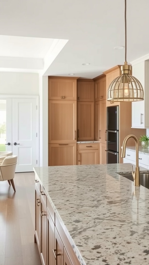 A sophisticated kitchen pass through featuring a granite countertop and warm cabinetry.