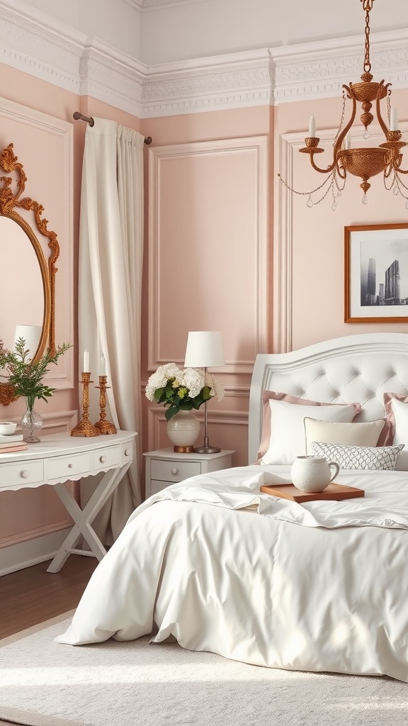 A cozy teen girl bedroom with pastel pink walls, white bedding, and elegant furniture.