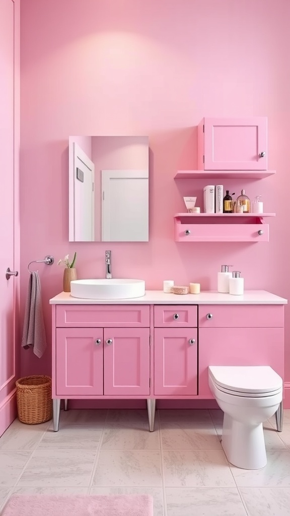 A sophisticated pink bathroom featuring stylish storage solutions with pink cabinetry and open shelves.