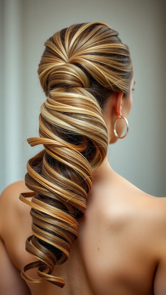 A sophisticated ponytail hairstyle featuring natural waves and a twisted base, perfect for weddings.