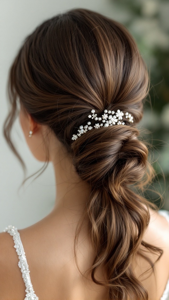 A sophisticated ponytail hairstyle adorned with sparkling hairpins, showcasing soft waves and an elegant finish.