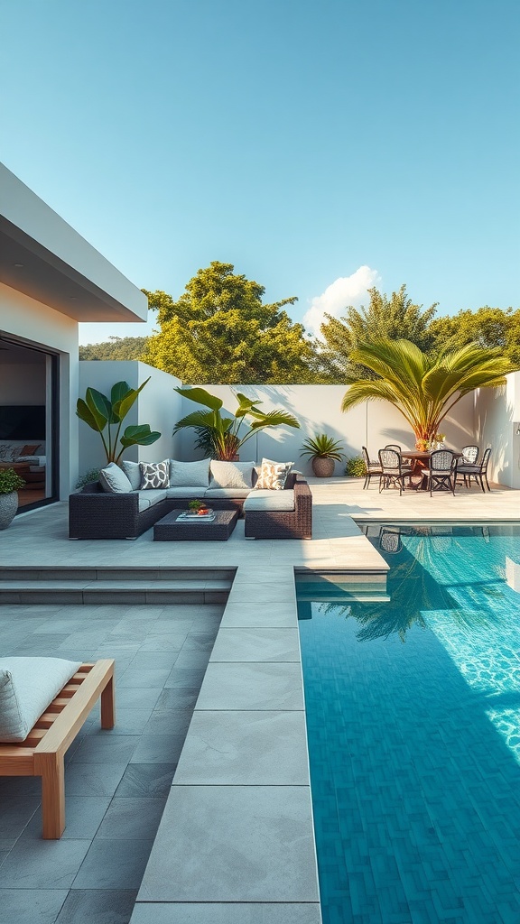 A sophisticated poolside lounge area with comfortable furniture and lush greenery.