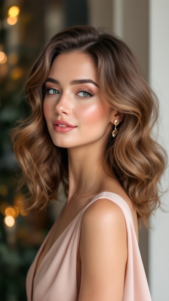 A young woman with medium, curly hair styled in soft side-swept curls, wearing a soft pink top and natural makeup.