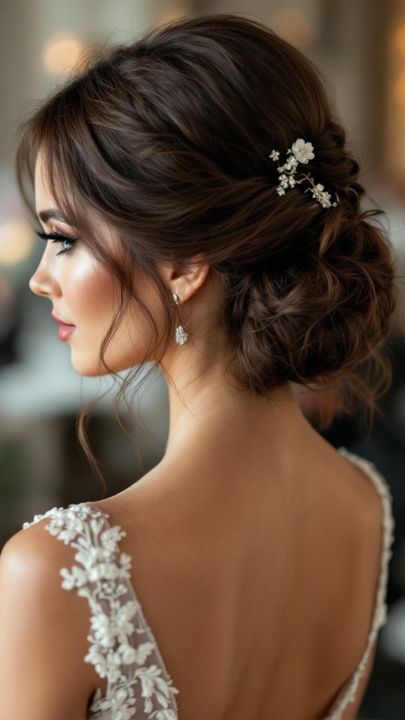 Brunette bride with sophisticated side swept hairstyle adorned with floral accessory.