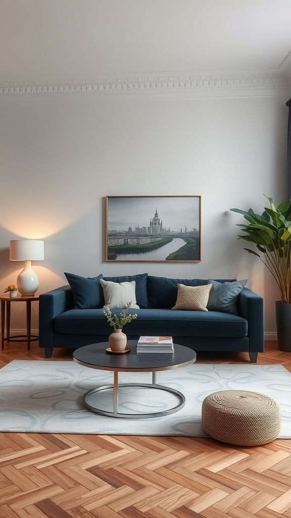 A stylish living room featuring a dark blue sofa, round coffee table, and wooden flooring.