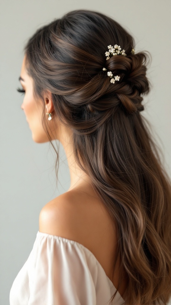 A woman with half up half down straight hair, elegantly styled with flowers, wearing an off-shoulder top.