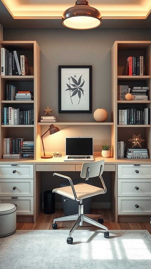 Stylish and organized study space with a desk, bookshelves, and a comfortable chair