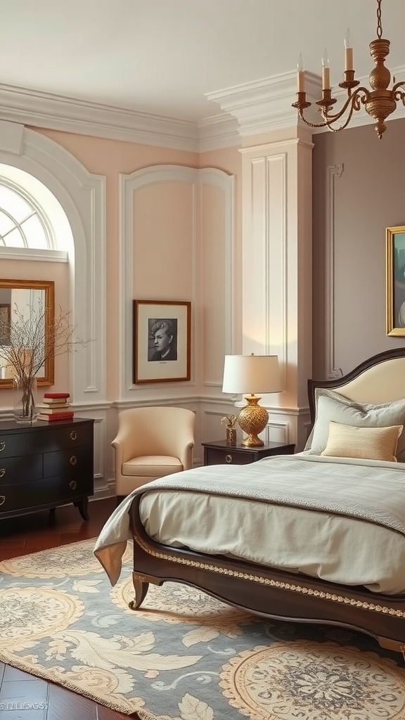 A sophisticated teenage boy's bedroom with elegant decor, soft lighting, and artistic touches.
