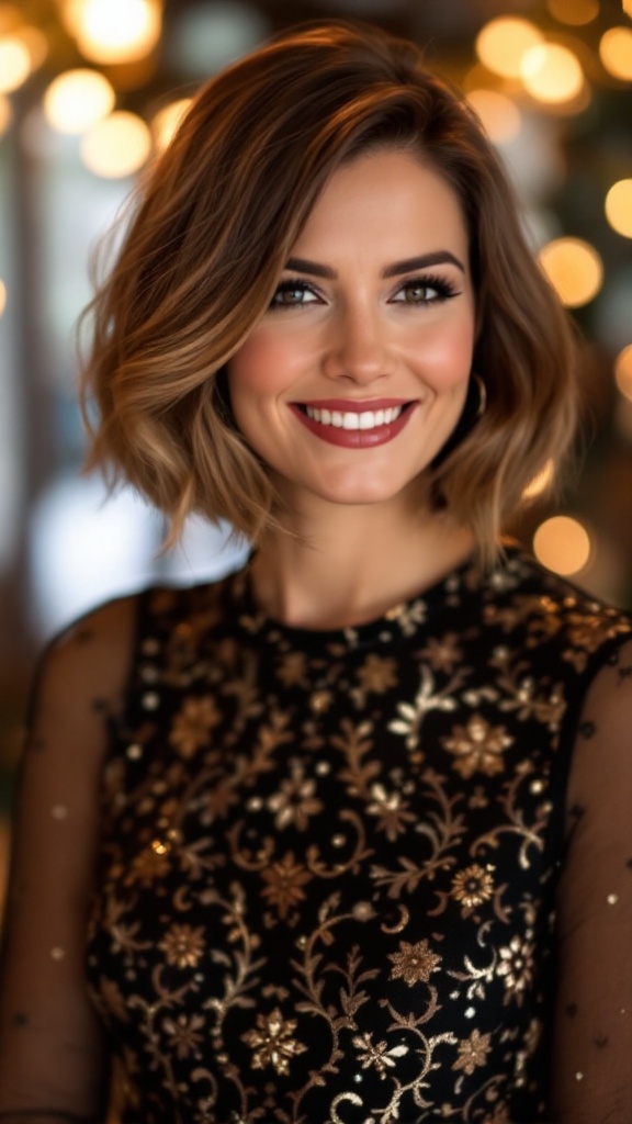 A person with a sophisticated tucked under bob hairstyle, wearing a stylish outfit.