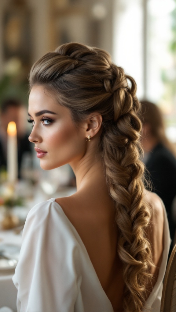 A woman with a sophisticated twist and pin hairstyle, showcasing elegant braids.