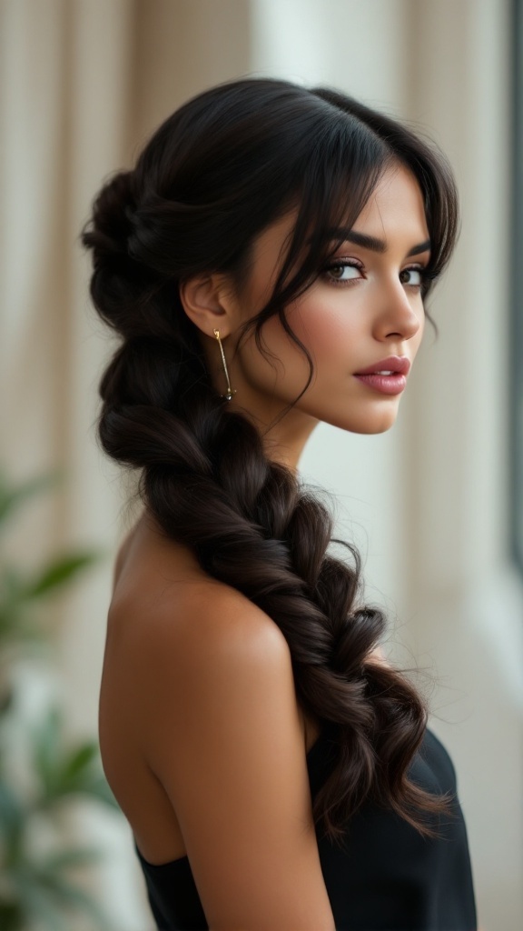 A woman with dark hair styled in a loose twist with side bangs, wearing simple earrings.