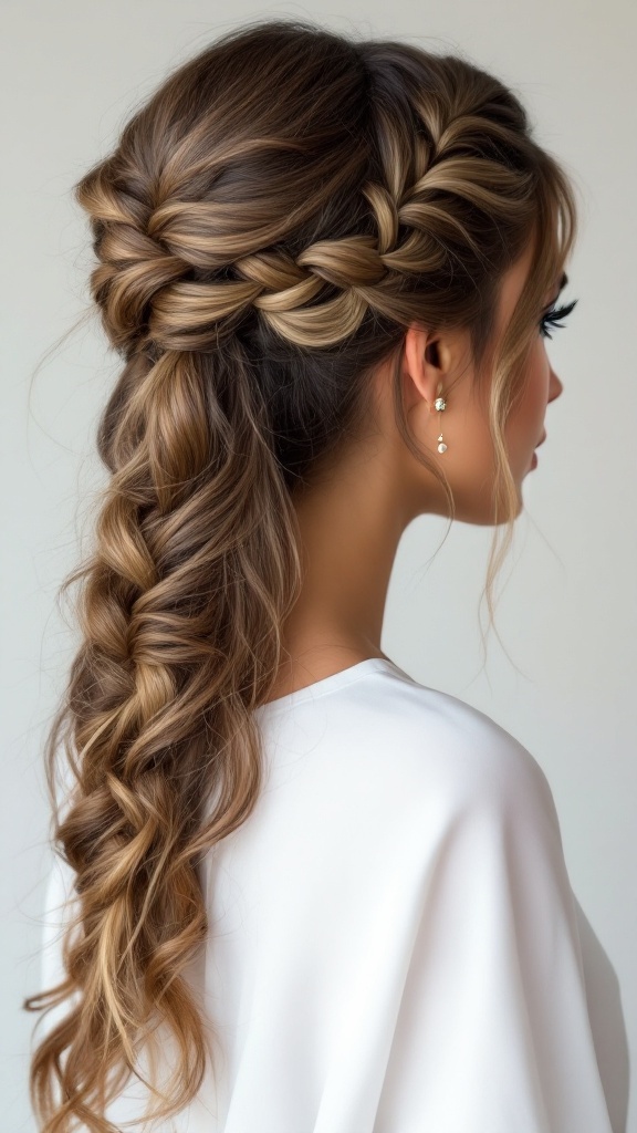 A sophisticated twisted half up half down hairstyle featuring a braid detail.