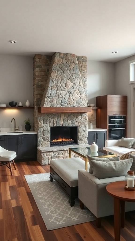 A modern kitchen featuring a sophisticated stone chimney, sleek cabinetry, and warm wood flooring.