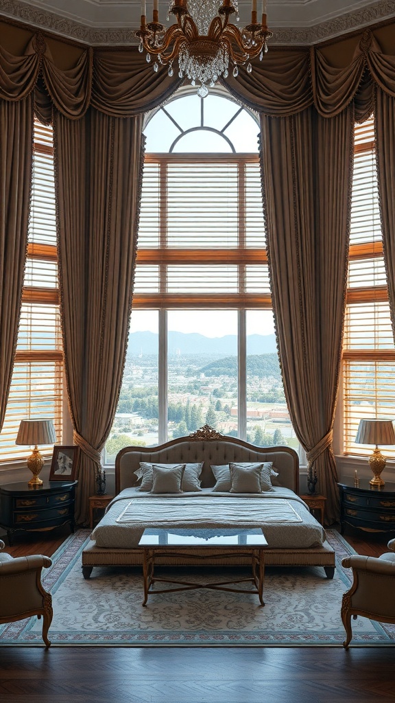 A luxurious bedroom featuring sophisticated window treatments with elegant drapes and wooden blinds.