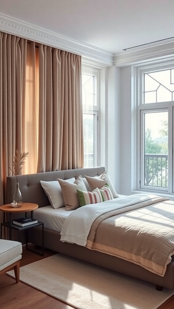 A sophisticated bedroom featuring elegant floor-to-ceiling curtains, a plush bed with decorative pillows, and stylish window frames.