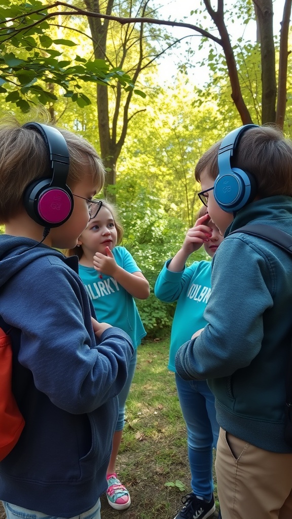 Children participating in a sound scavenger hunt outdoors with headphones on.
