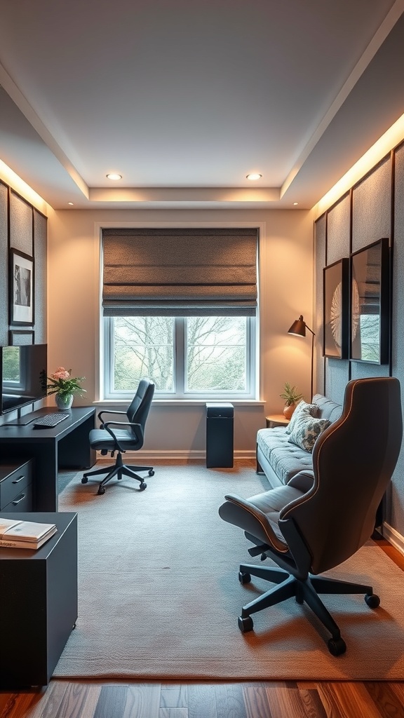 A modern soundproof gaming area with a sleek desk, ergonomic chair, and cozy sofa.