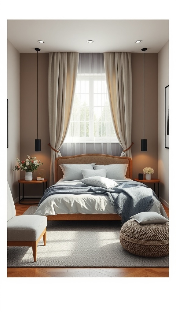A cozy bedroom with soft colors, heavy curtains, and a plush area rug, designed for soundproofing.